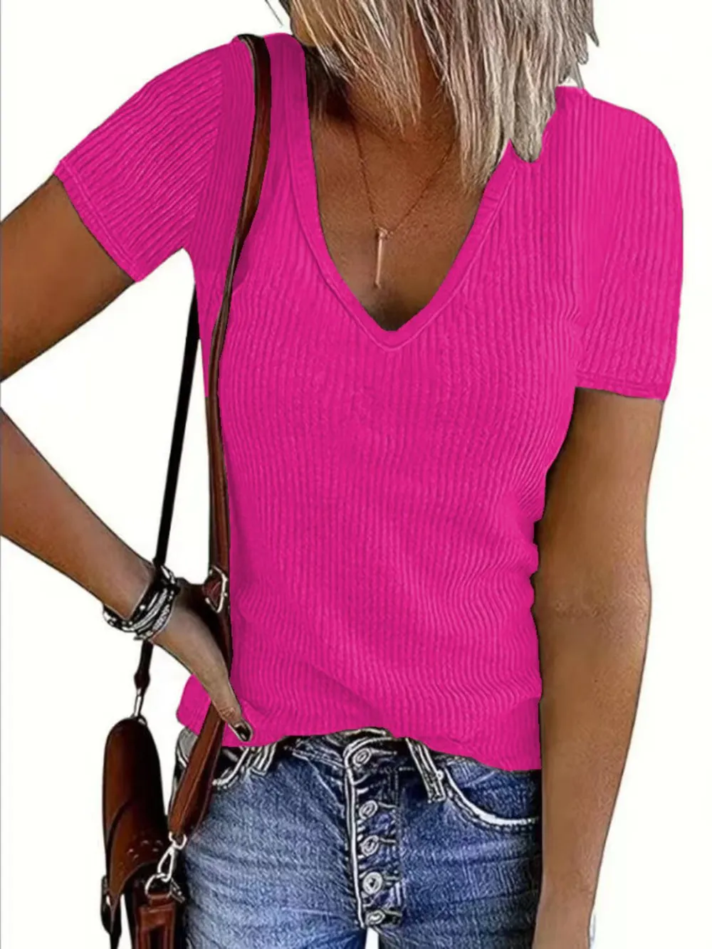Solid V-Neck Short Sleeve T-Shirt, image 13