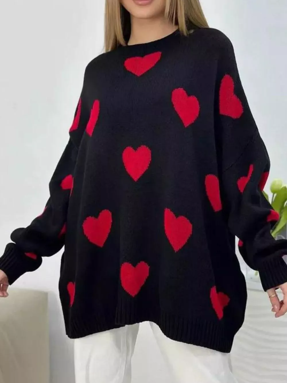 Heart Round Neck Oversized Knit Sweater