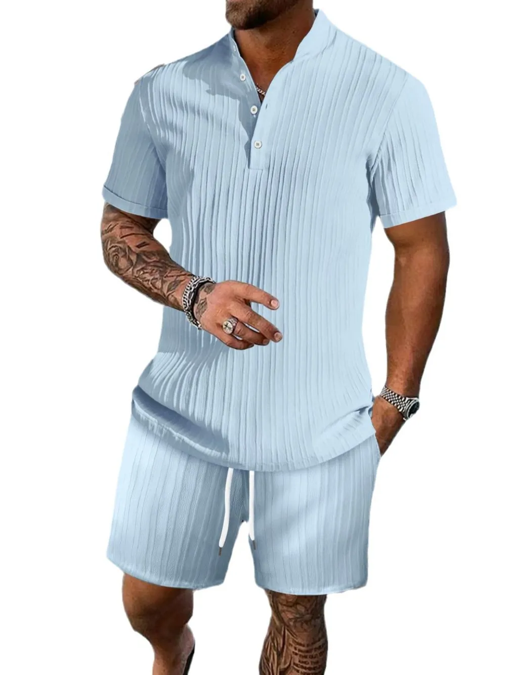 Men's Full Size Button Detail Short Sleeve Top and Shorts Set Plus Size, image 3