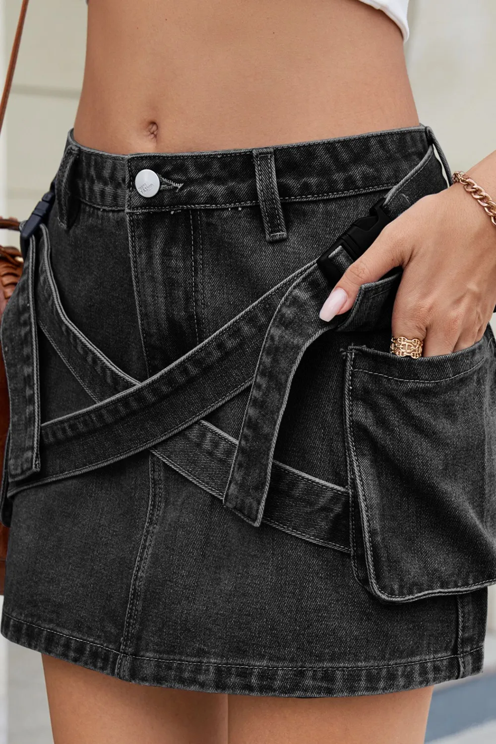 Criss-Cross Waist Detail Denim Mini Skirt, image 9
