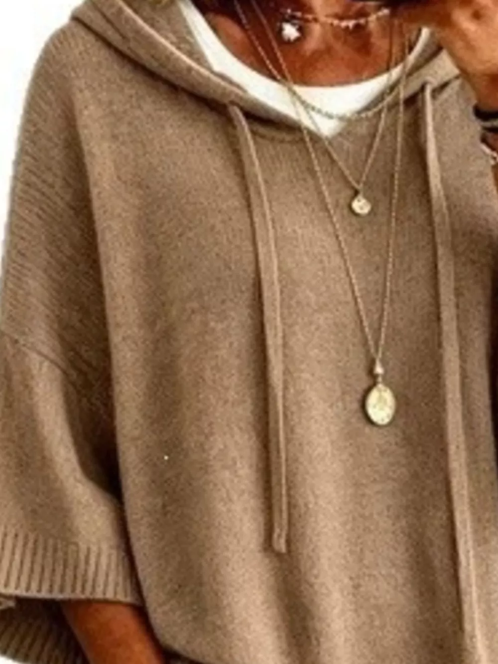 Full Size Drawstring 3/4 Sleeve Hooded Sweater Plus Size, image 6