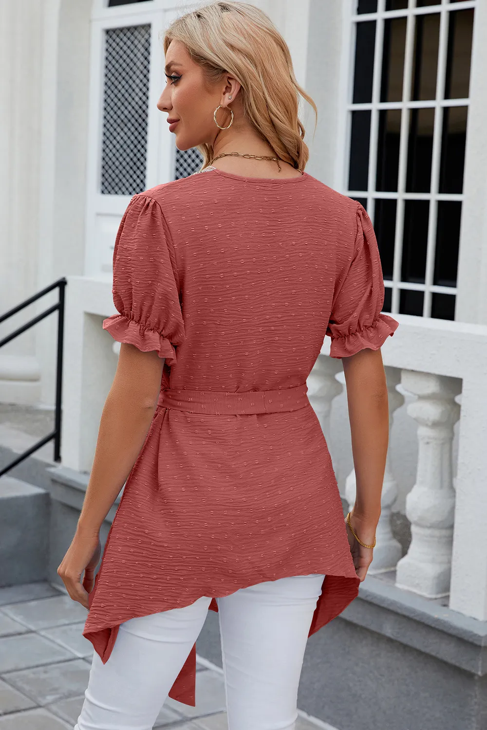 Swiss Dot Tie Waist Flounce Sleeve Blouse, image 12
