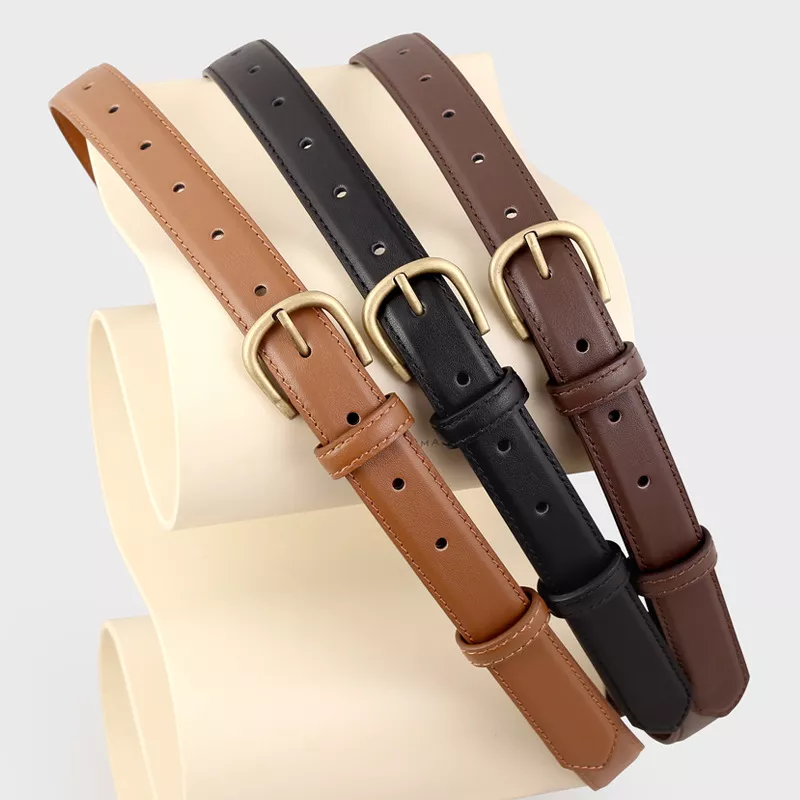 Skinny Leather Belt with Golden Buckle, image 2