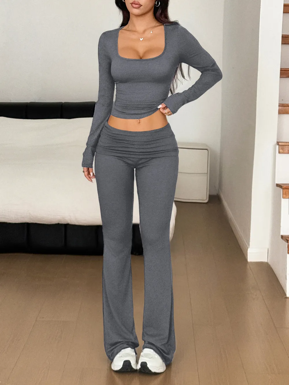 Long Sleeve Crop Top and Bootcut Pants Set, image 15