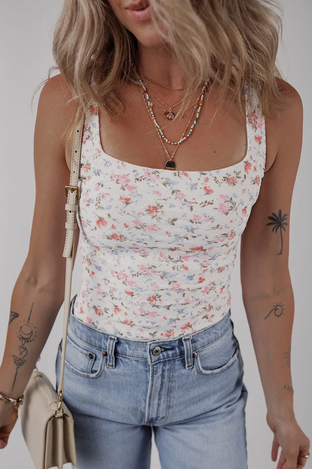 Floral Textured Square Neck Sleeveless Bodysuit