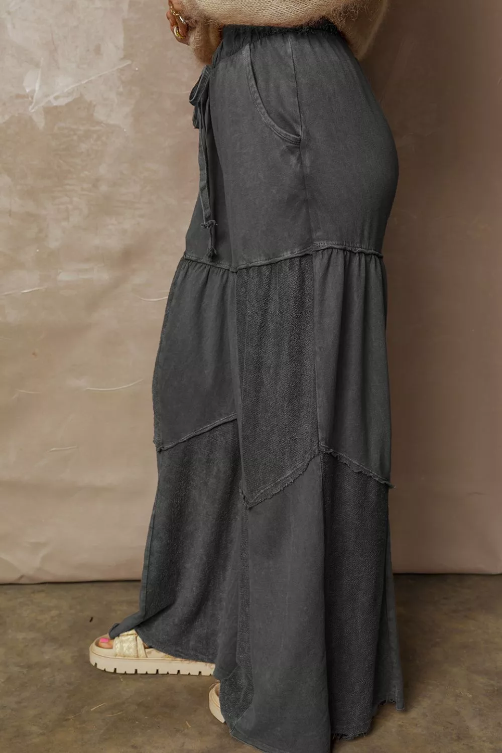 Mineral Wash Tiered Wide Leg Patchwork Drawstring Pants, image 2