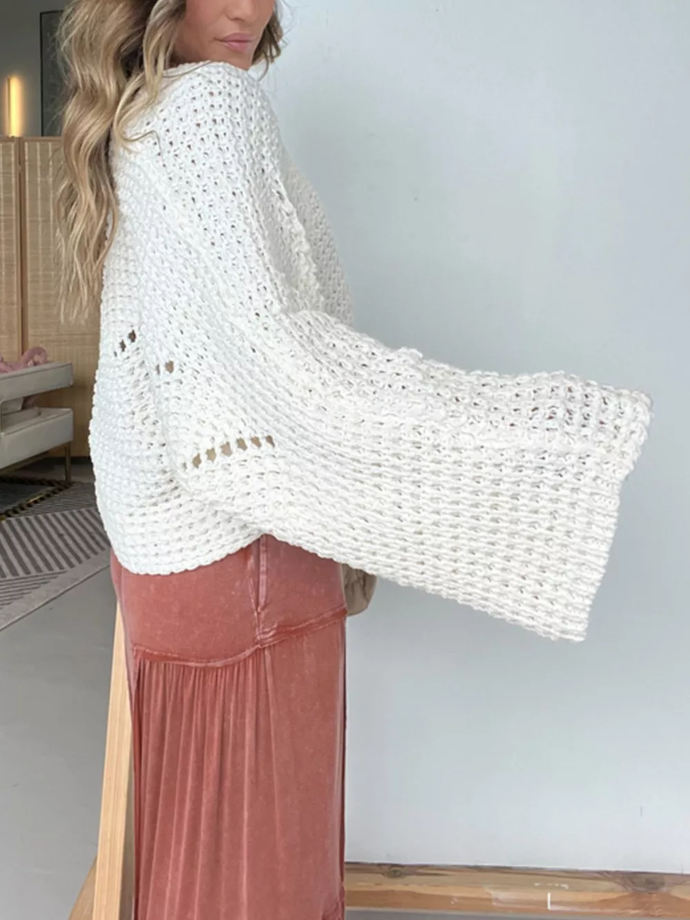 Openwork Batwing Sleeve Sweater, image 4