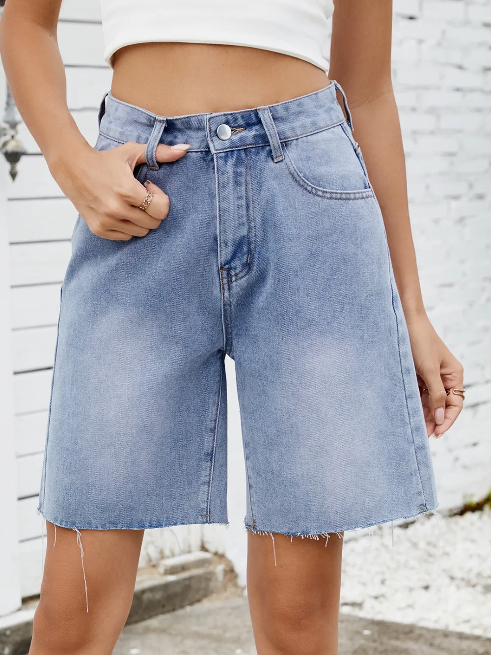 Washed Raw Hem Denim Shorts, image 2