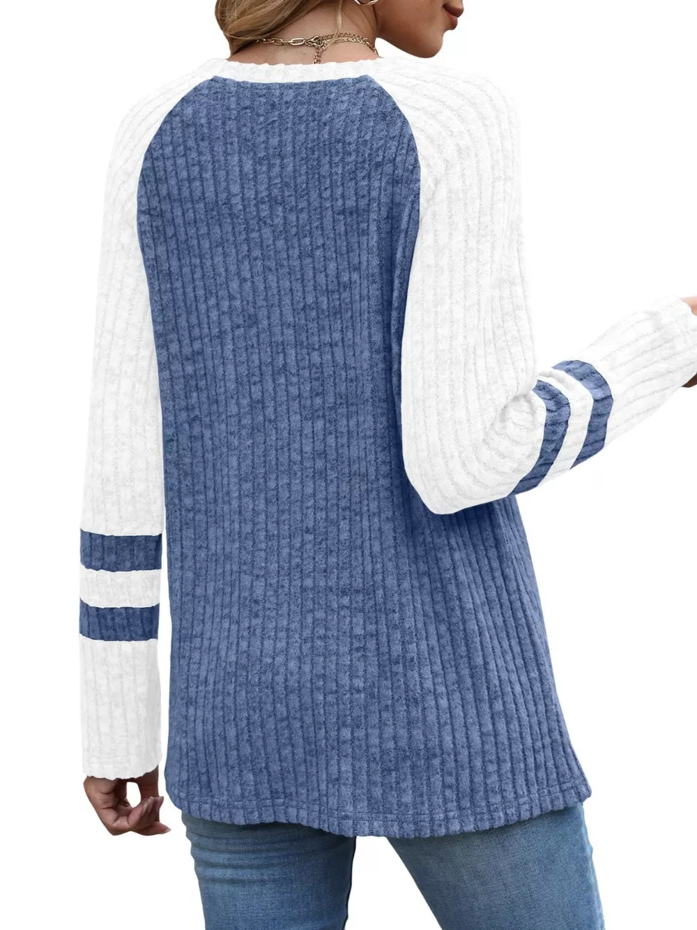 Ribbed Knit Raglan Long Sleeve T-Shirt, image 2