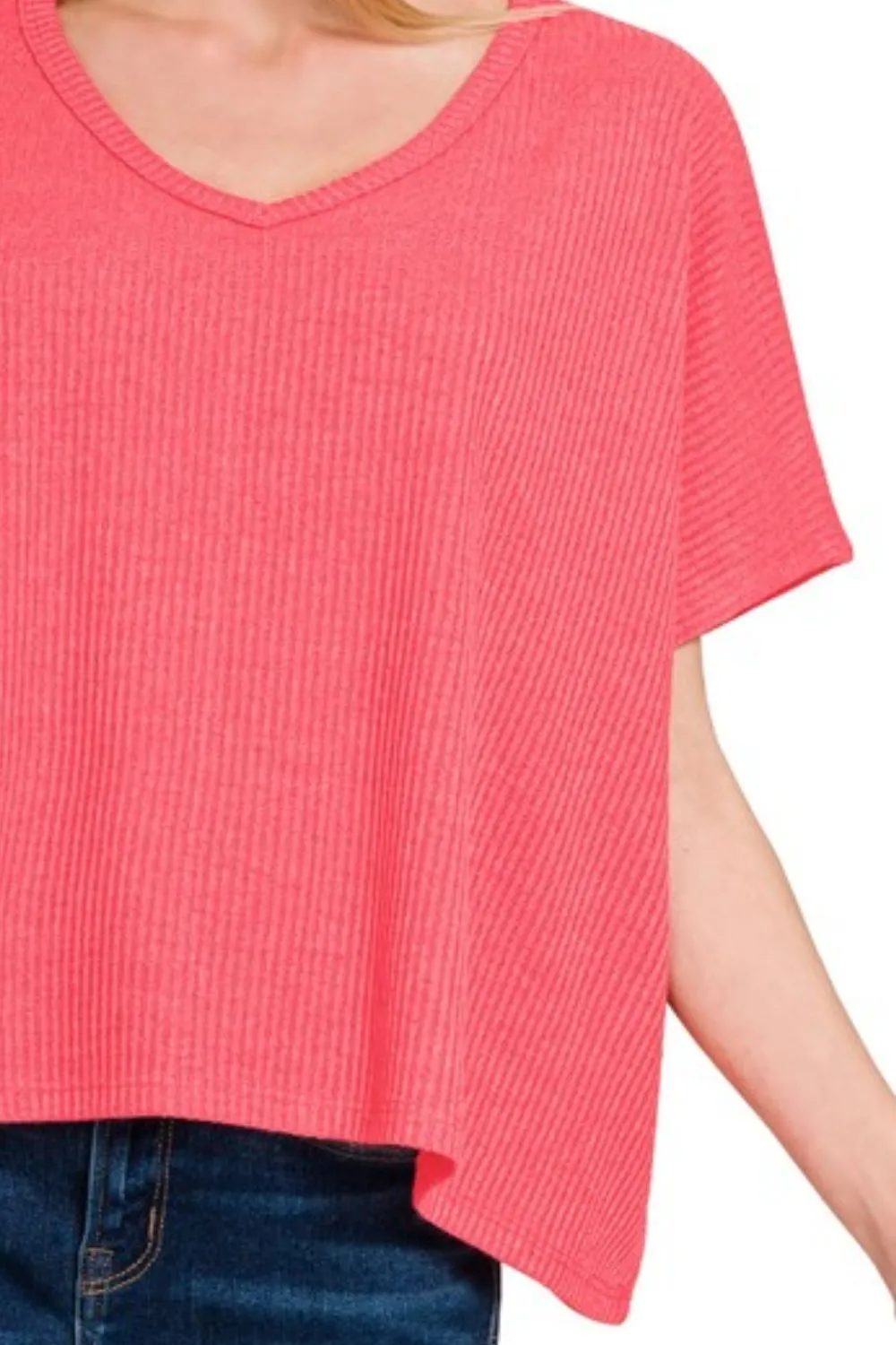 Ribbed V-Neck Short-Sleeve Knit Top, image 3