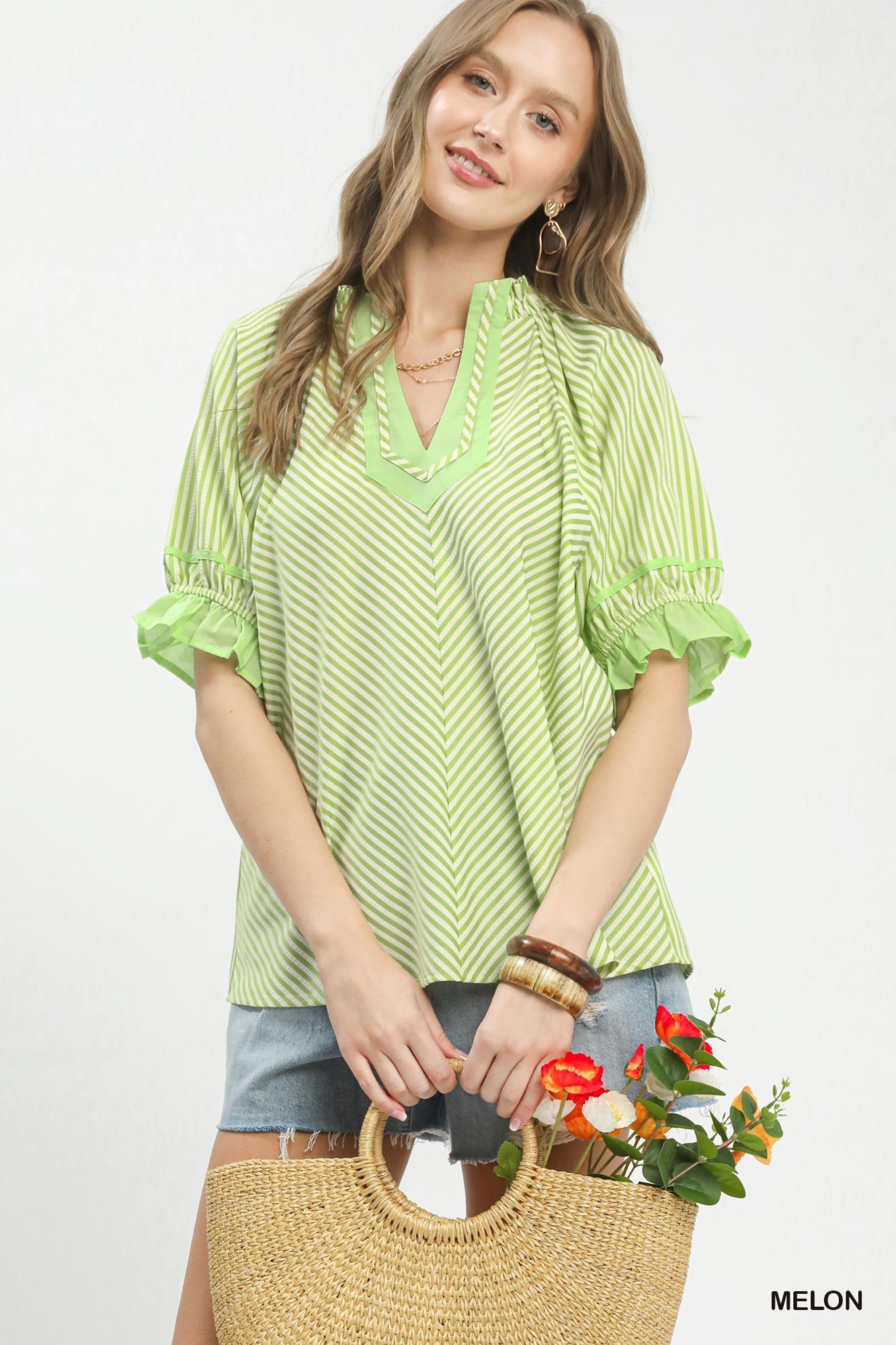 Stripe Ruffle Sleeve Split-Neck Blouse