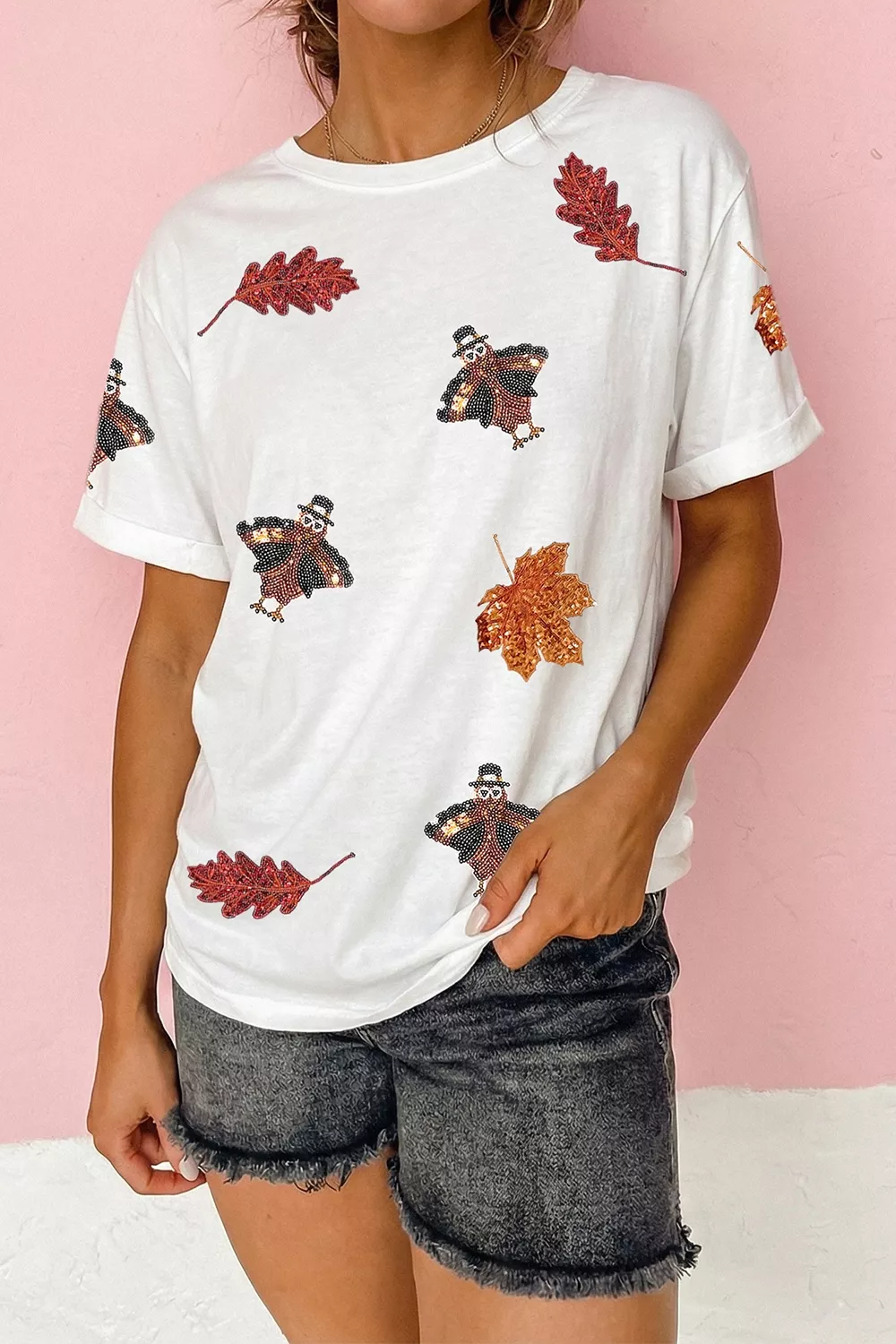 Full Size Sequin Autumn Leaf Thanksgiving Turkey T Shirt Plus Size, image 4