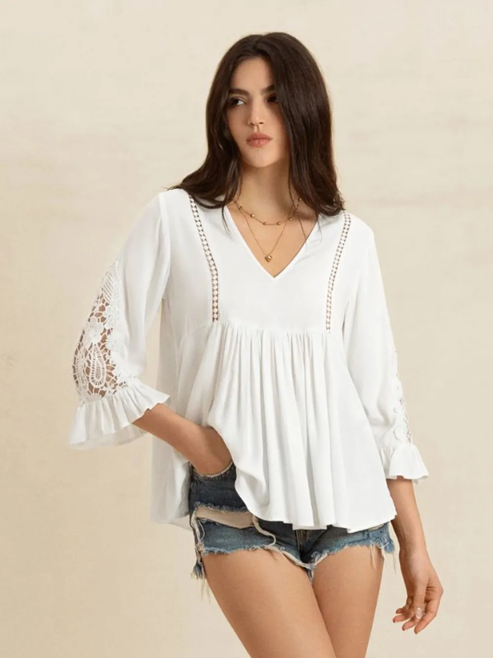 V-Neck Lace Flounce Sleeve Top, image 3