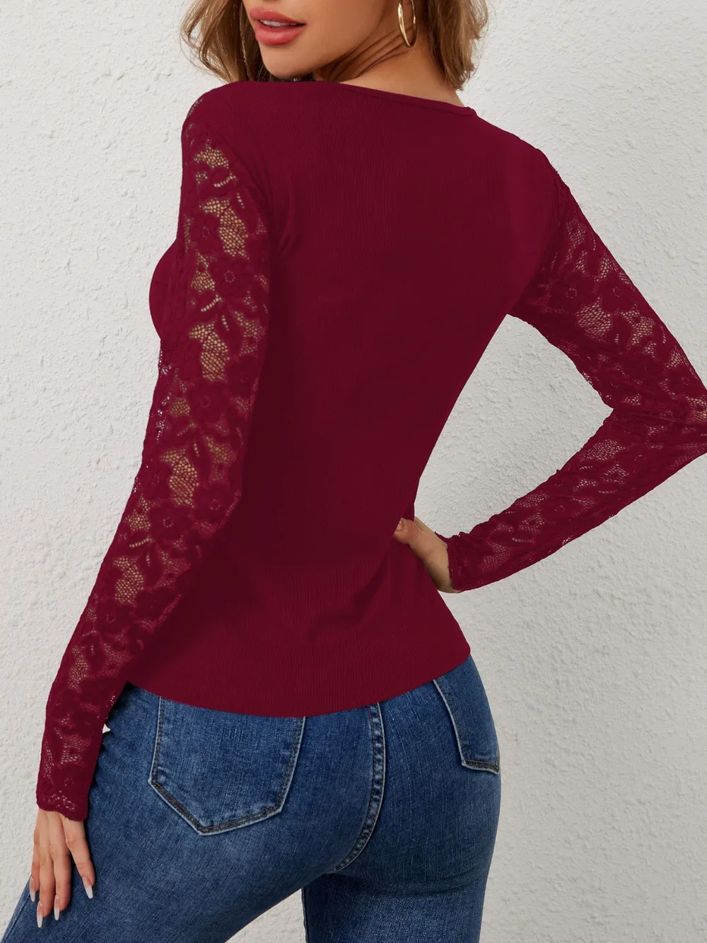 Lace Wavy Hem V-Neck Long Sleeve Top, image 10