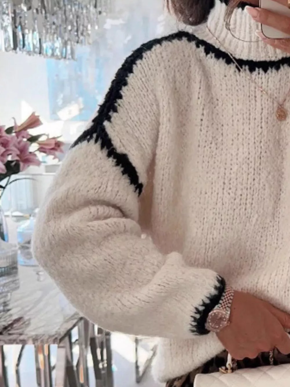 Contrast Trim Turtleneck Long Sleeve Sweater, image 6