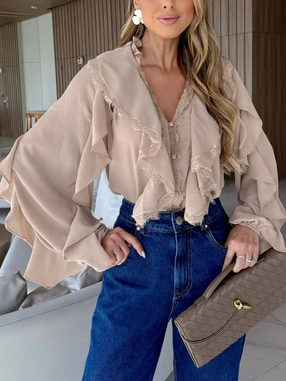 V-Neck Ruffled Lace Trim Blouse, image 5