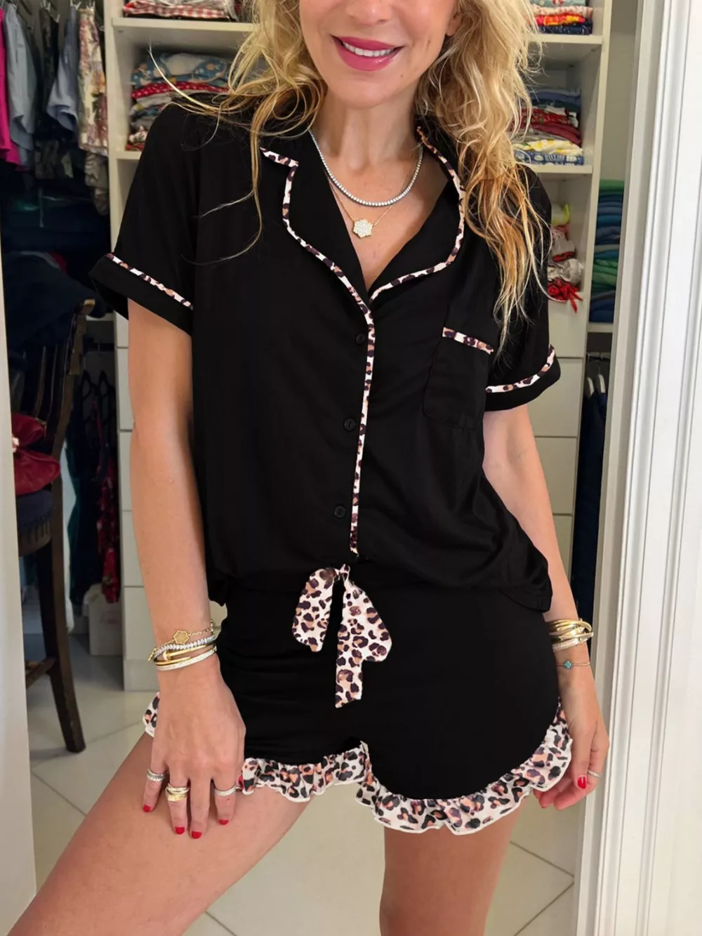 k Leopard Patchwork Trim Lapel Shirt Drawstring Shorts 2pcs Pajama Set
