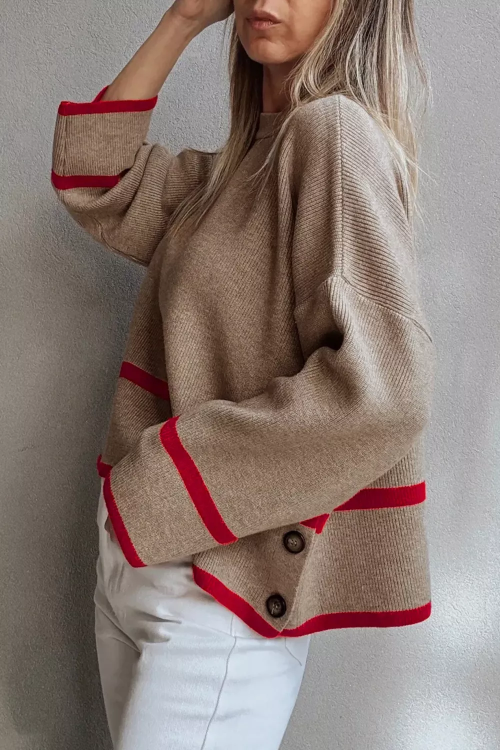 Ribbed Knit Pullover with Contrast Trim, image 2