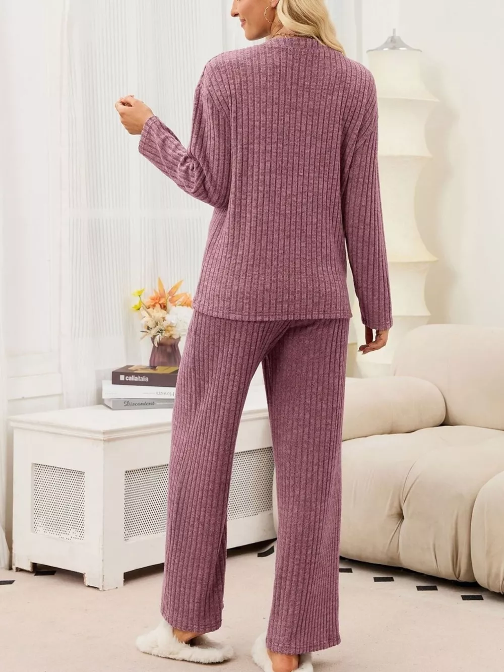 Ribbed Knit Top and Wide-Leg Pants Set, image 22