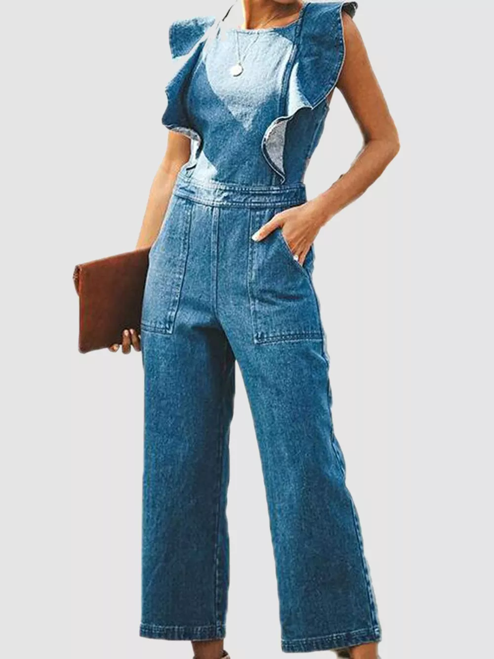 Ruffled Sleeveless Denim Jumpsuit