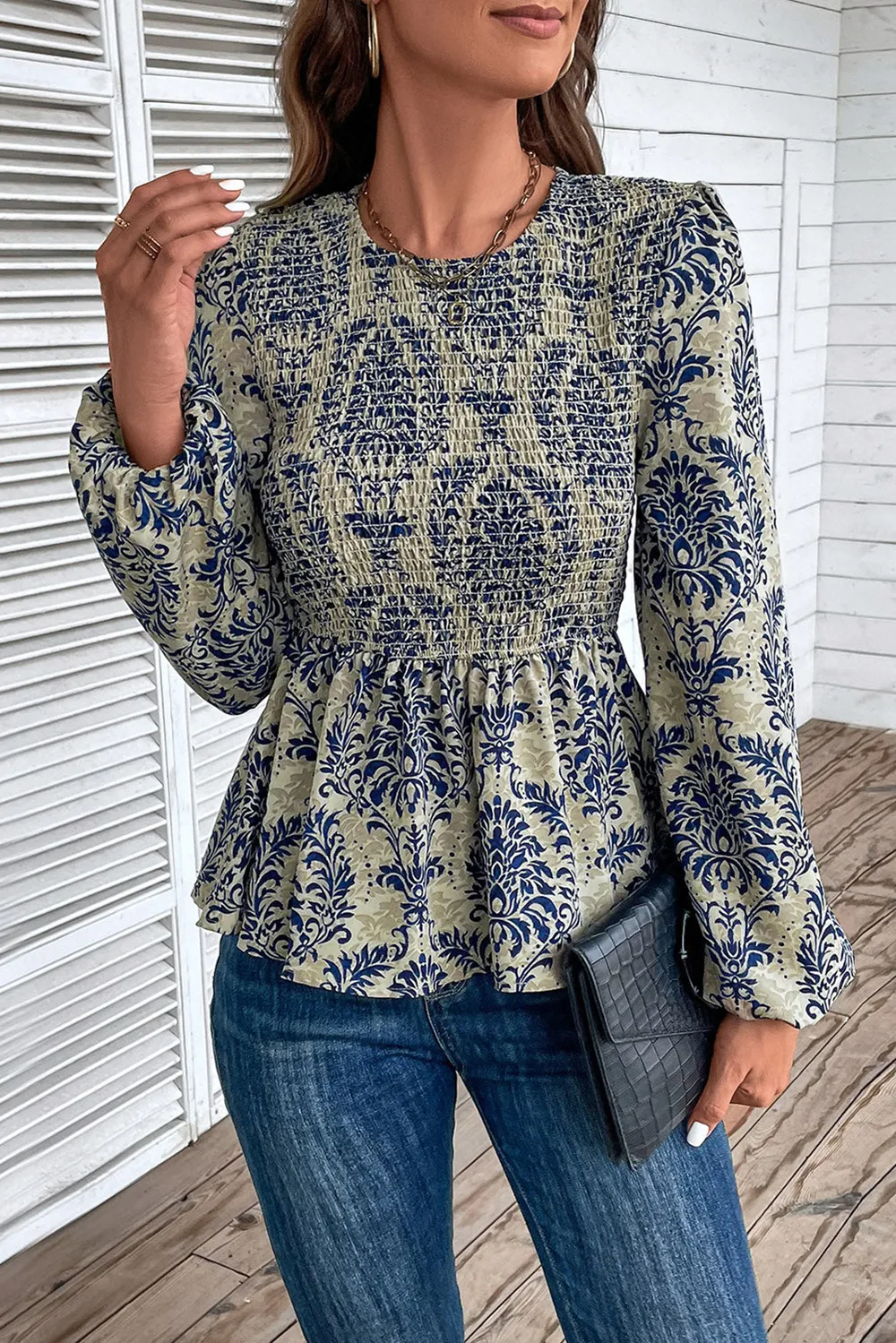 Peplum Printed Round Neck Long Sleeve Blouse, image 2