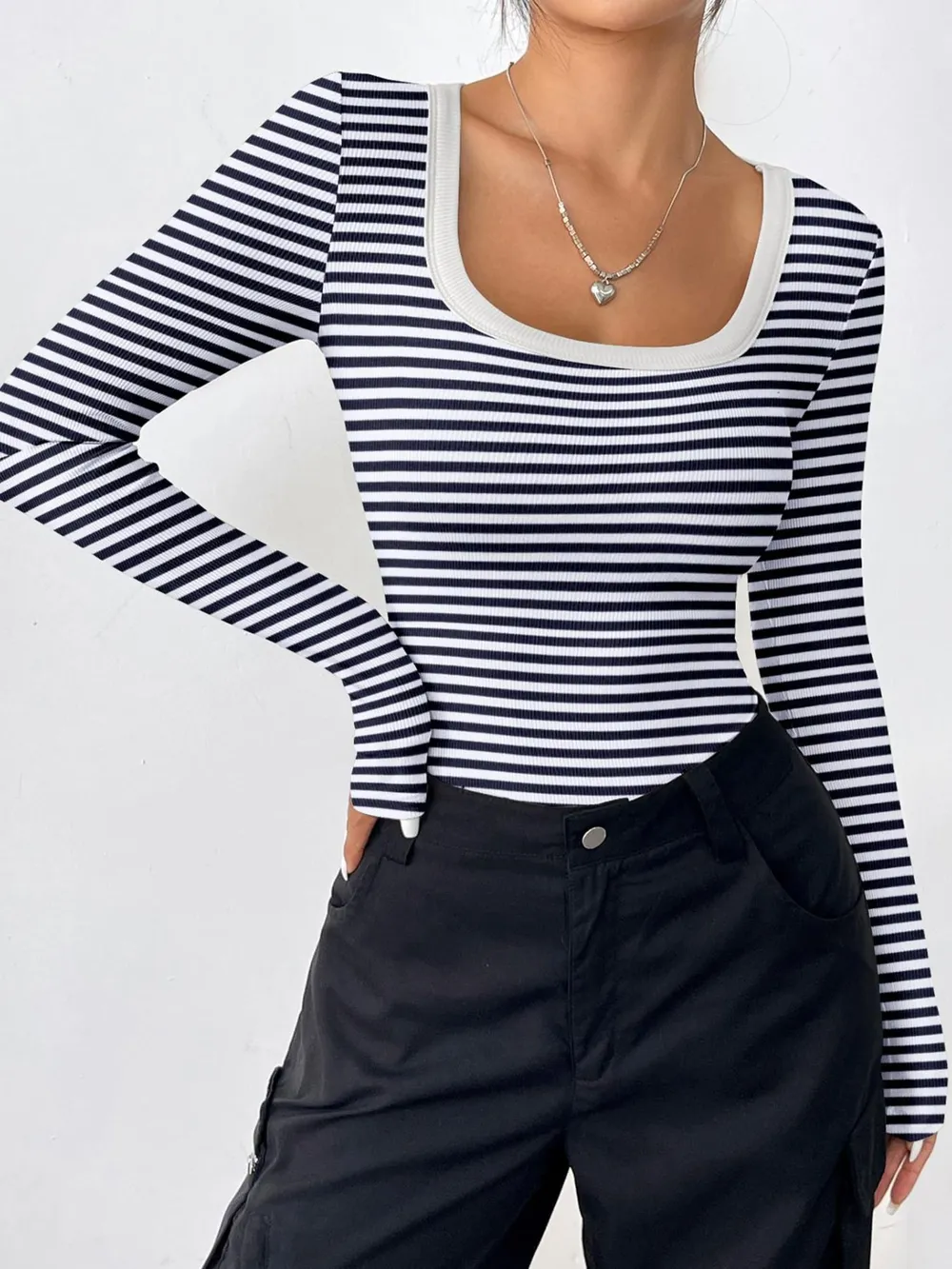 Striped Long Sleeve Scoop Neck T-Shirt, image 2