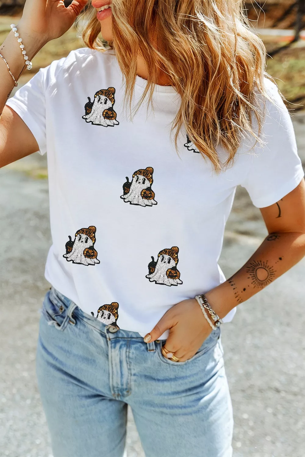 Full Size Halloween Sequin Ghost Print Short Sleeve Casual T-Shirt Plus Size, image 2