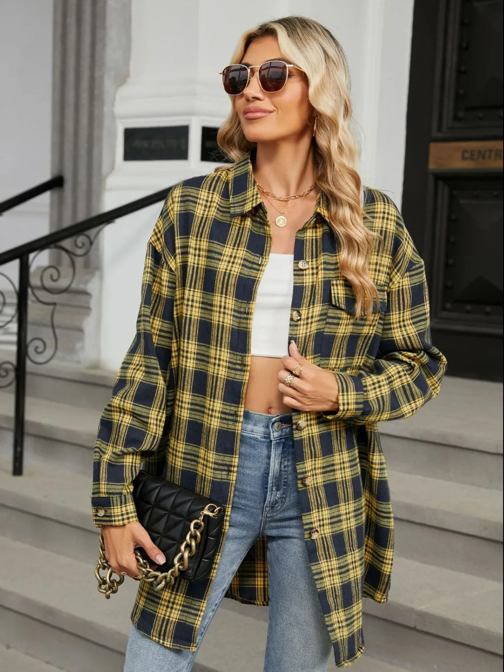 Plaid Collared Neck Long Sleeve Shirt, image 18