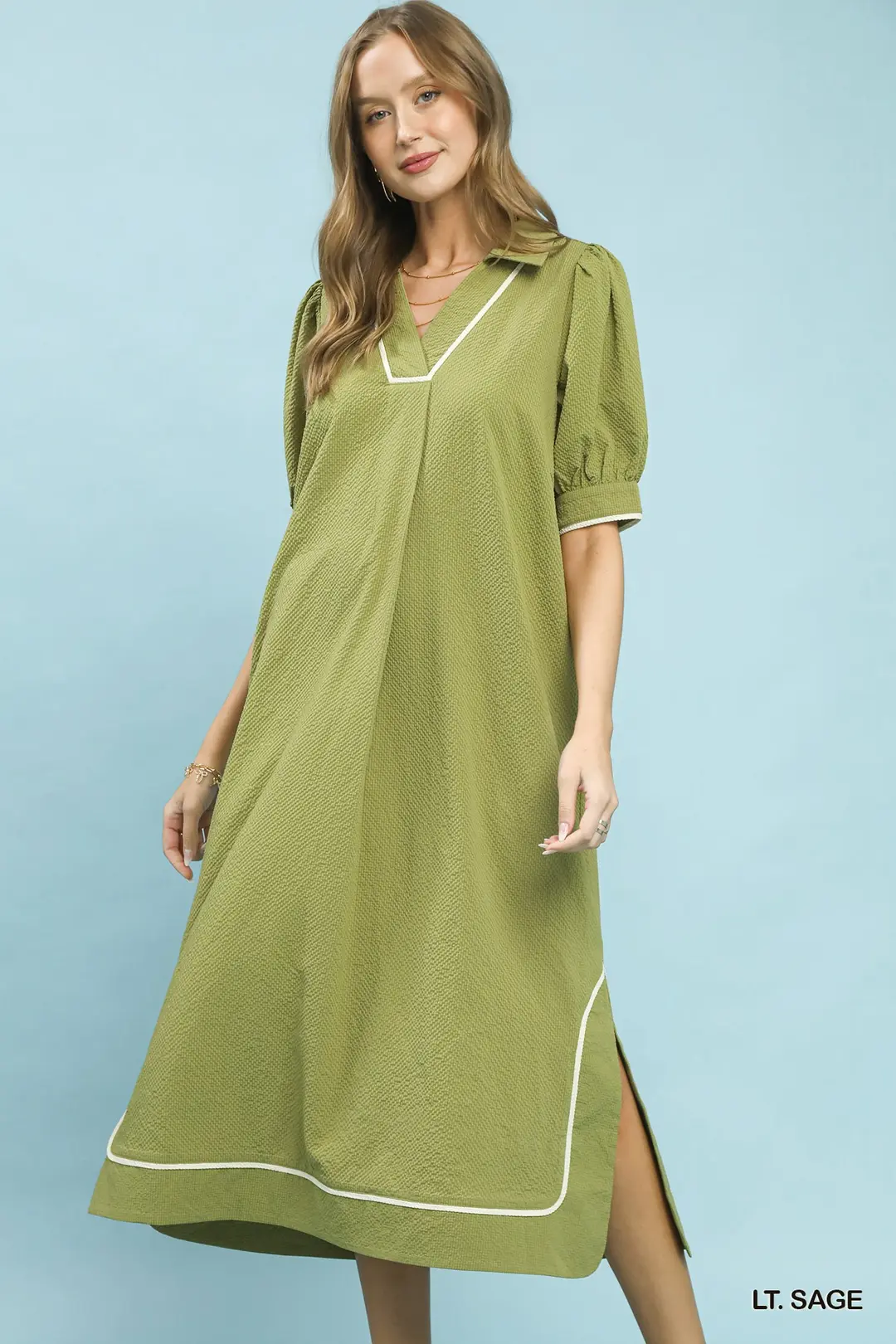 Seersucker Midi Dress with Contrast Trim, image 4