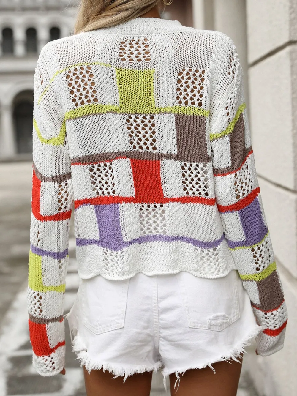 Openwork Color Block Round Neck Sweater, image 3