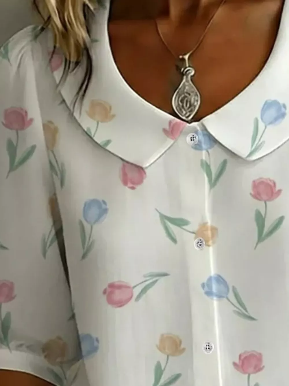 Daisy Print Peter Pan Collar Button-Down Shirt, image 4