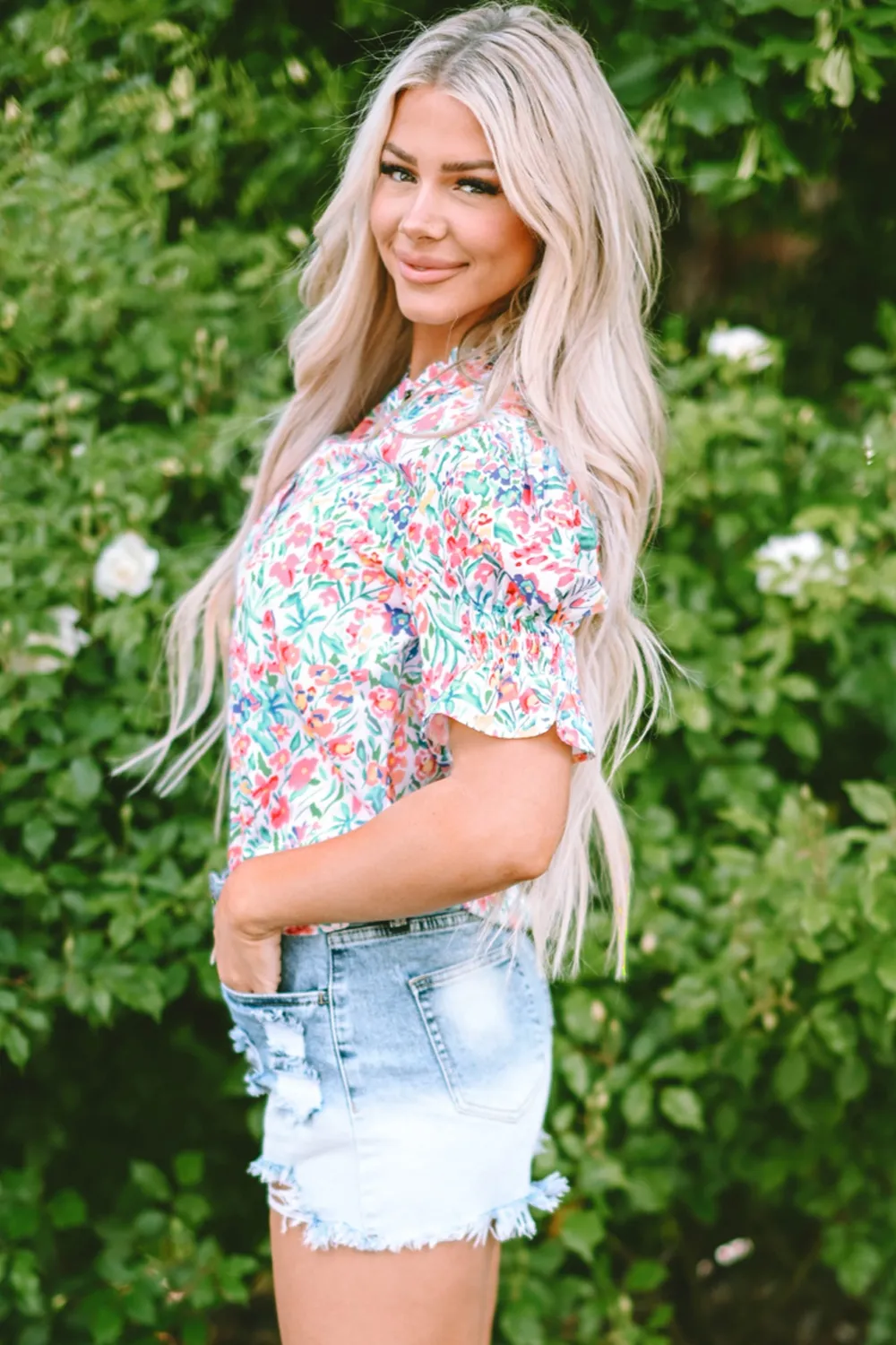 Printed Notched Short Sleeve Blouse, image 3