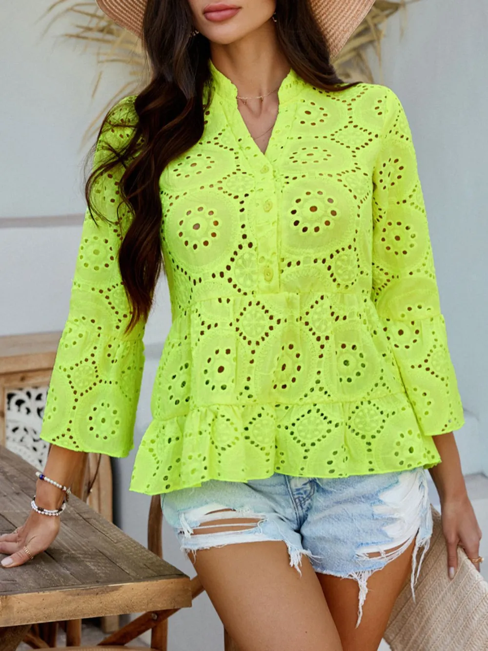 Half Button Flounce Sleeve Peplum Blouse, image 19