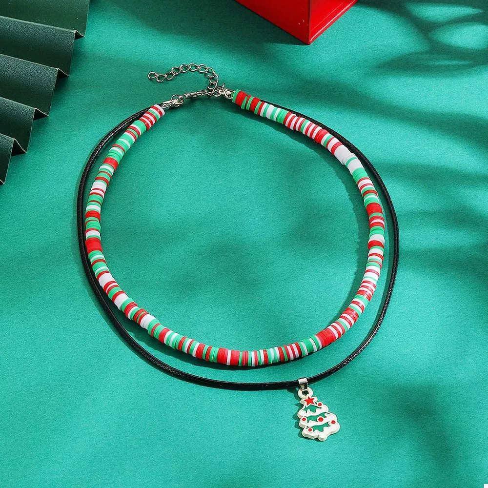 Colorful Double Layered Necklace with Christmas Tree Pendant, image 2