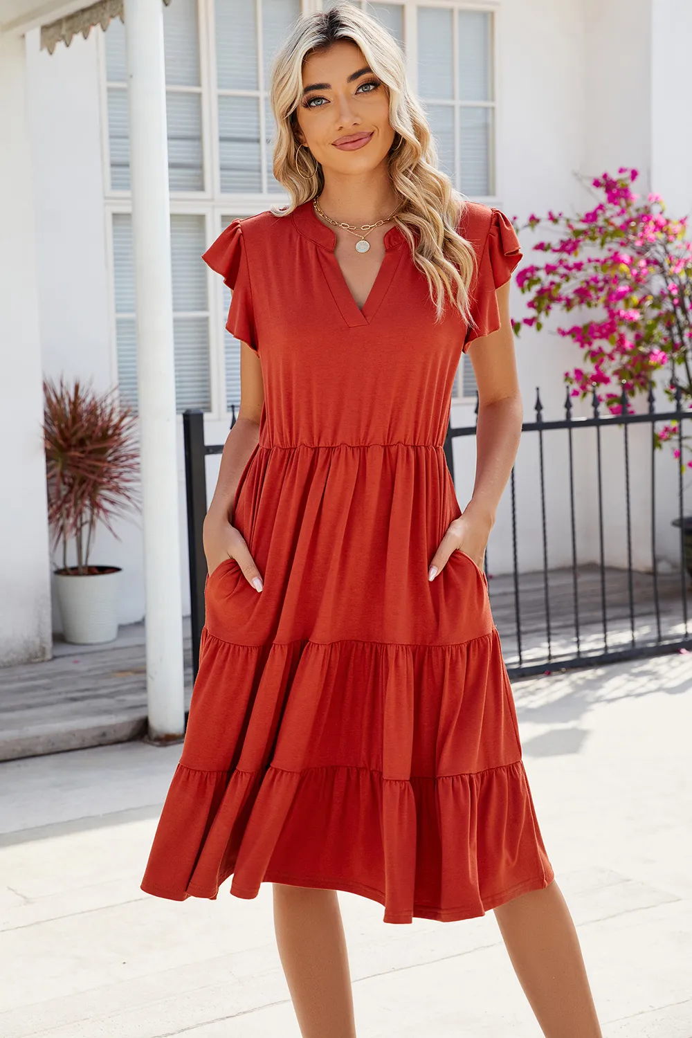 Ruched Notched Cap Sleeve Dress, image 4