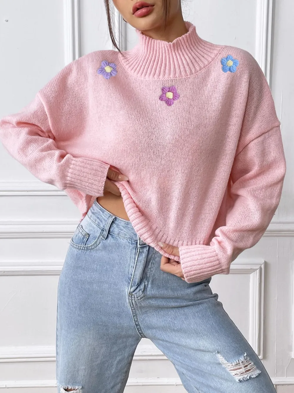 Flower Turtleneck Long Sleeve Sweater, image 8