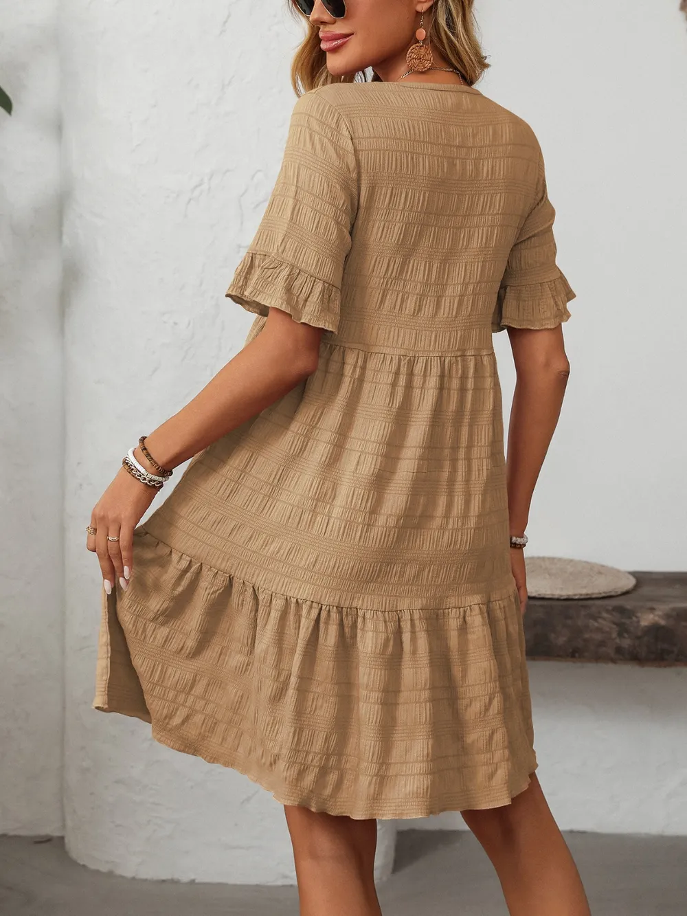Ruffled Ruched Round Neck Half Sleeve Dress, image 4
