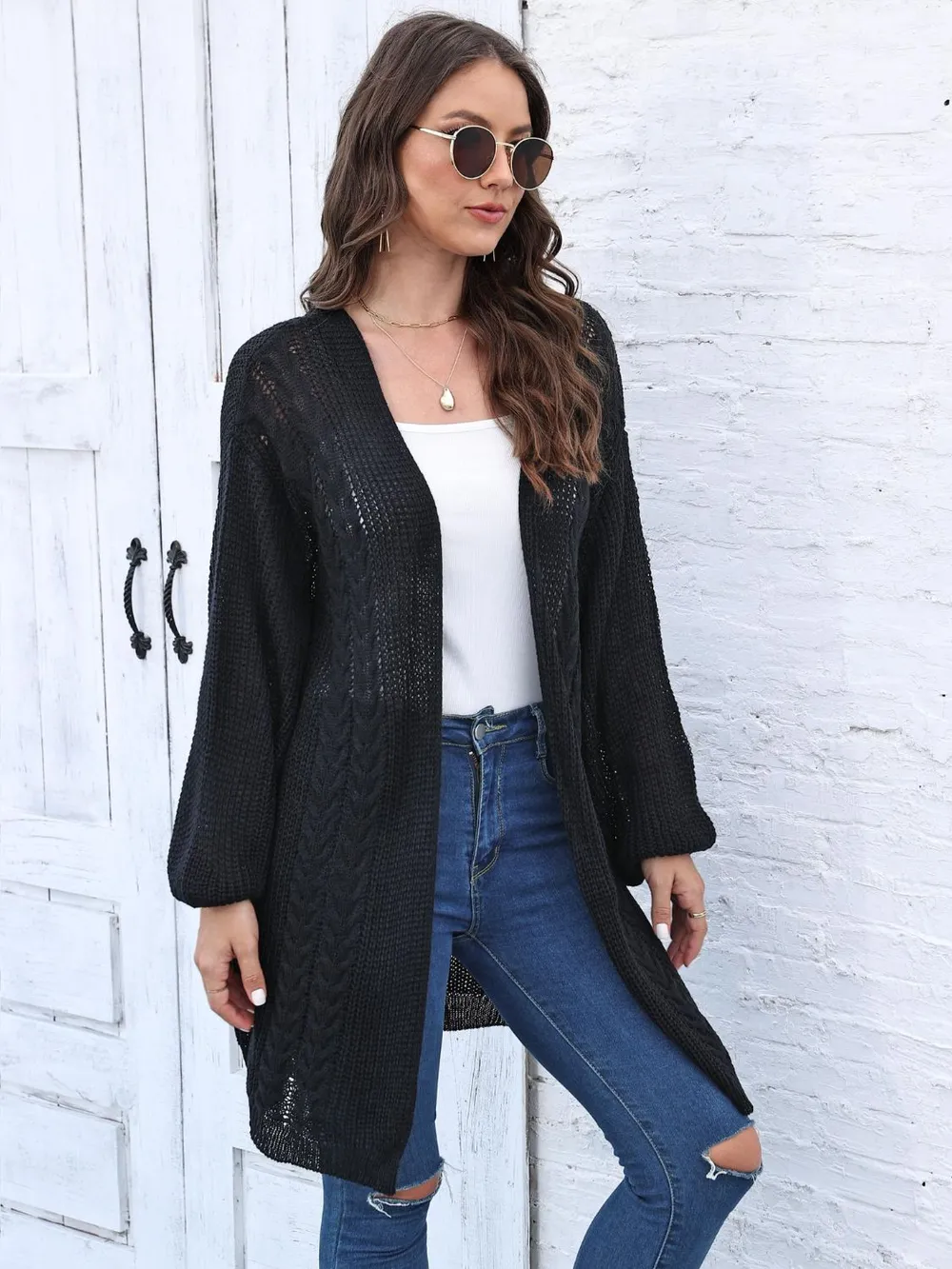 Cable-Knit Open Front Long Sleeve Cardigan, image 4