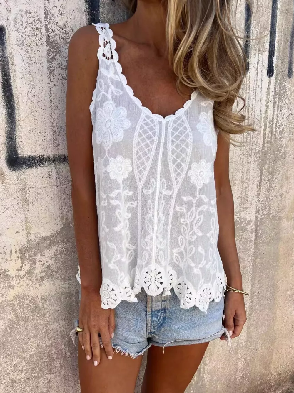Floral Lace Crochet Trim Tank, image 4