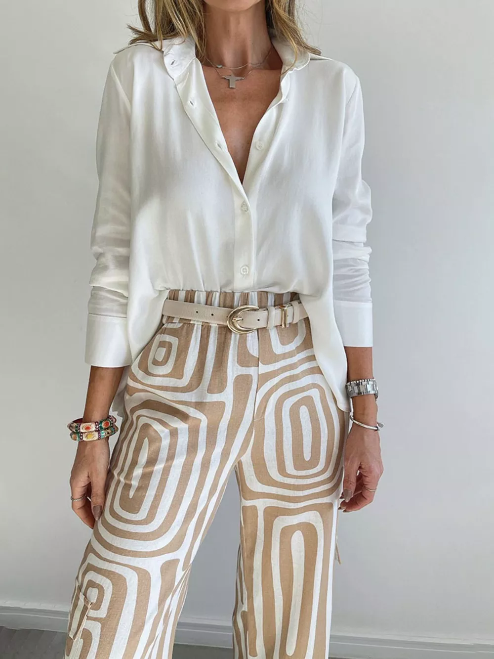 Full Size Chic Button-Down Shirt and Geometric Wide-Leg Pants Set Plus Size, image 4
