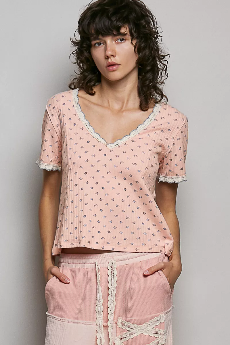 Floral V-Neck Short Sleeve Rib T-Shirt