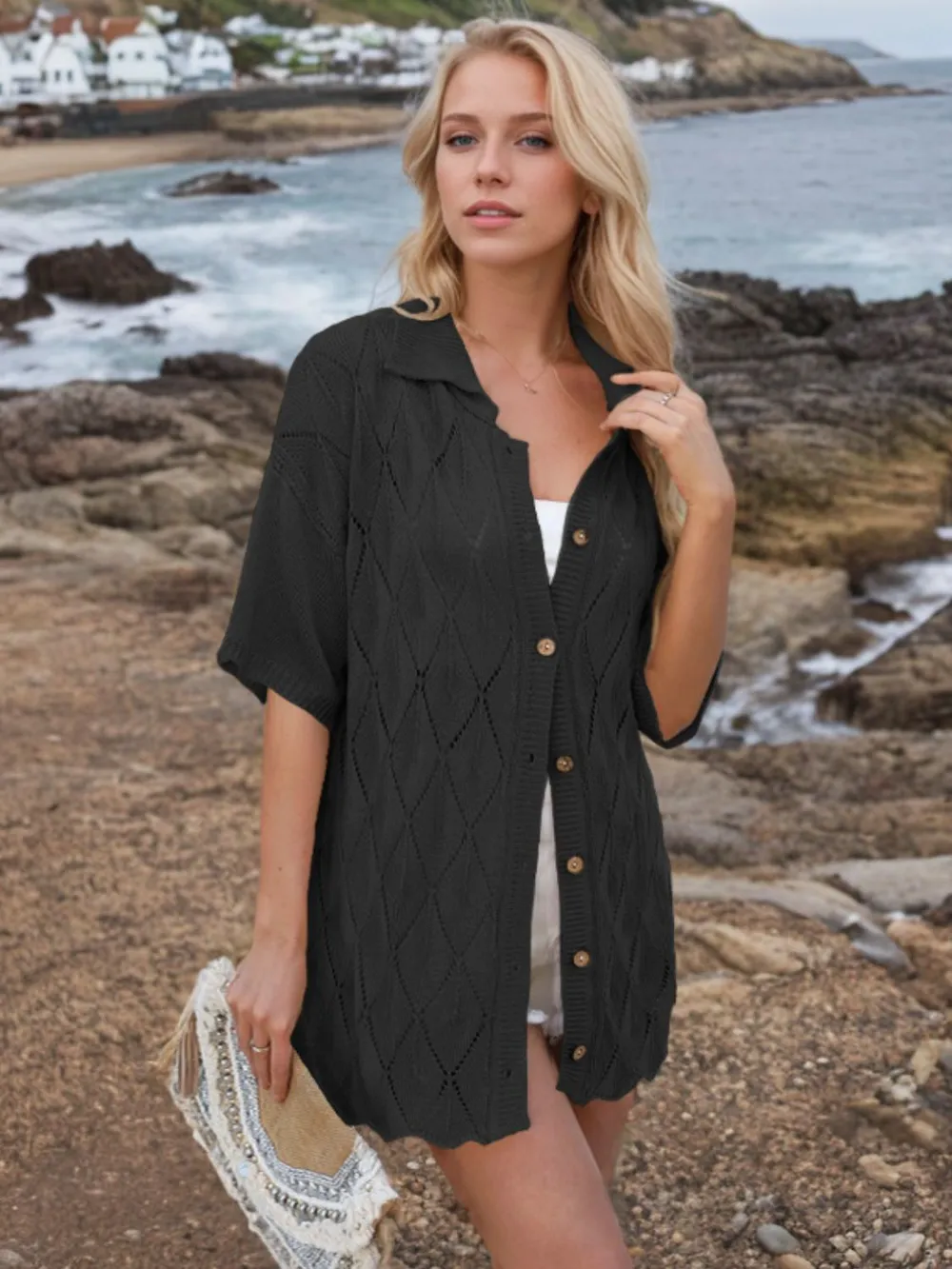 Button Down Eyelet Collared Neck Knit Shirt, image 8