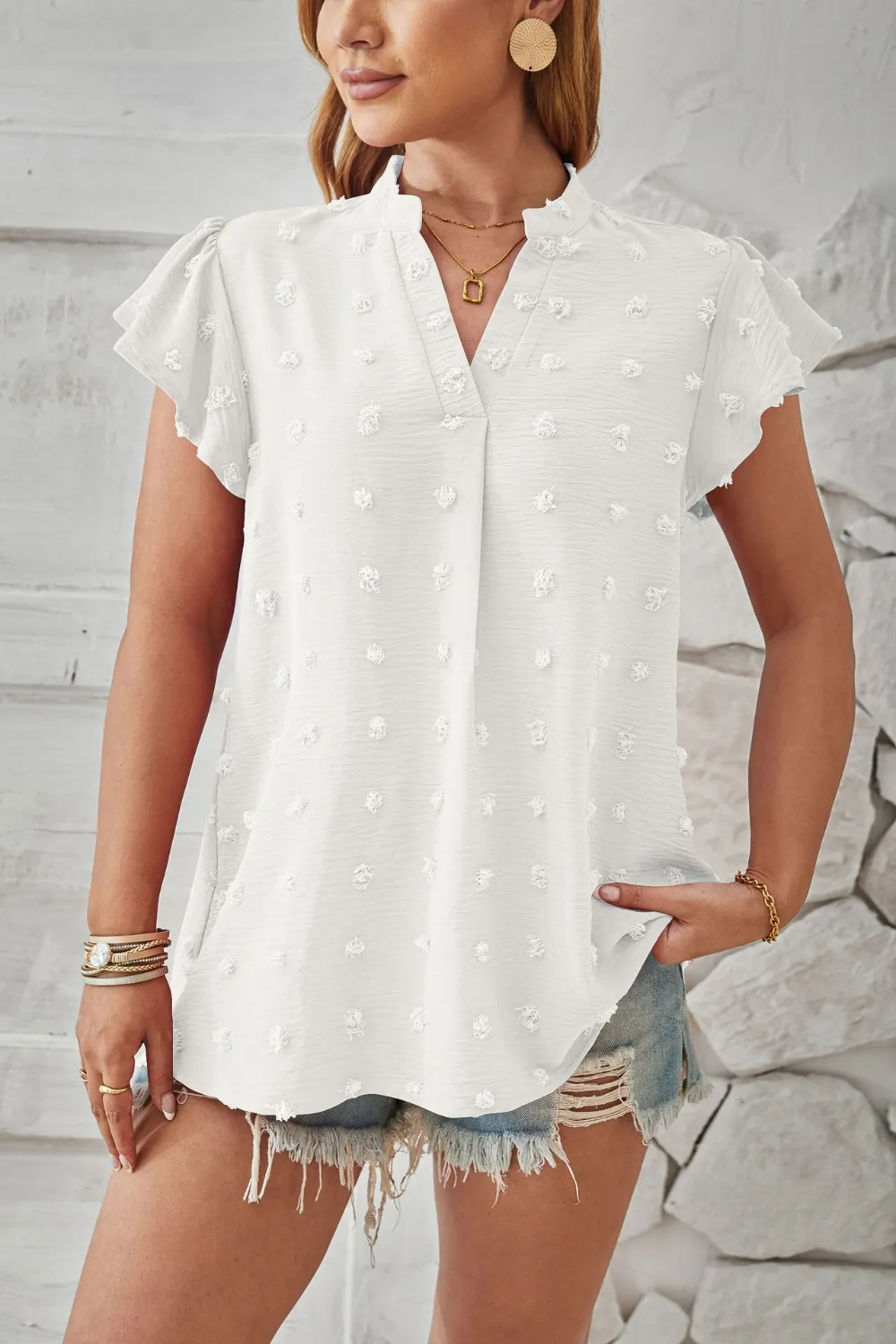 Swiss Dot Notched Cap Sleeve T-Shirt, image 2