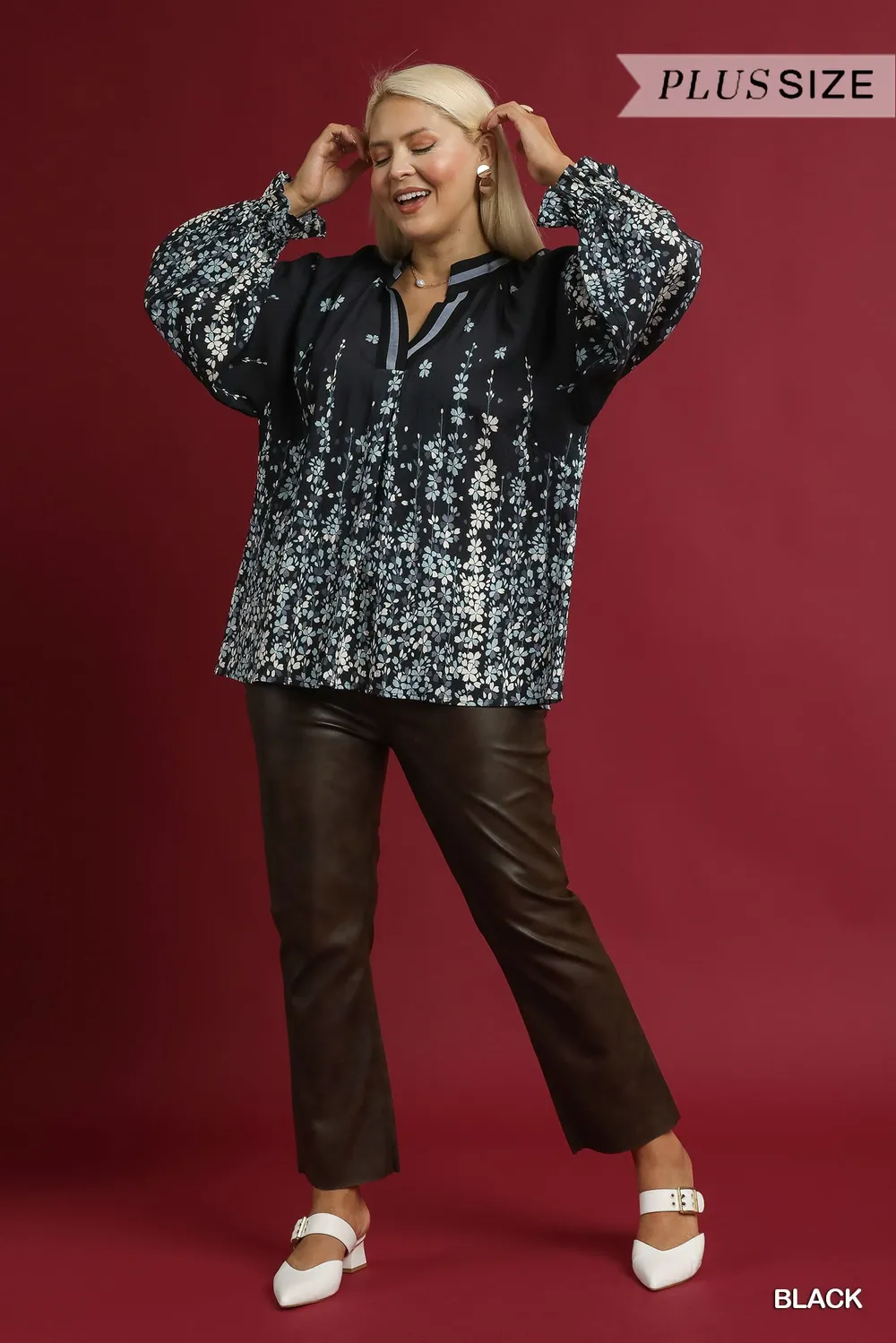 Full Size Floral Vine Print Blouse with Balloon Sleeves Plus Size, image 3