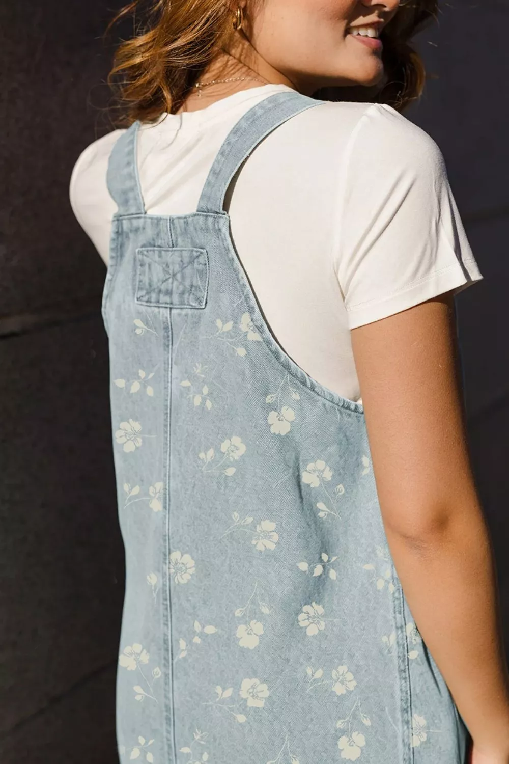 Wash Denim Floral Print Overall Mini Dress, image 3