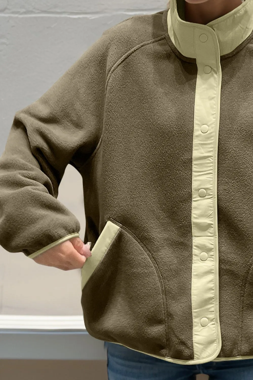 Snap Down Contrast Fleece Jacket with Pockets, image 11
