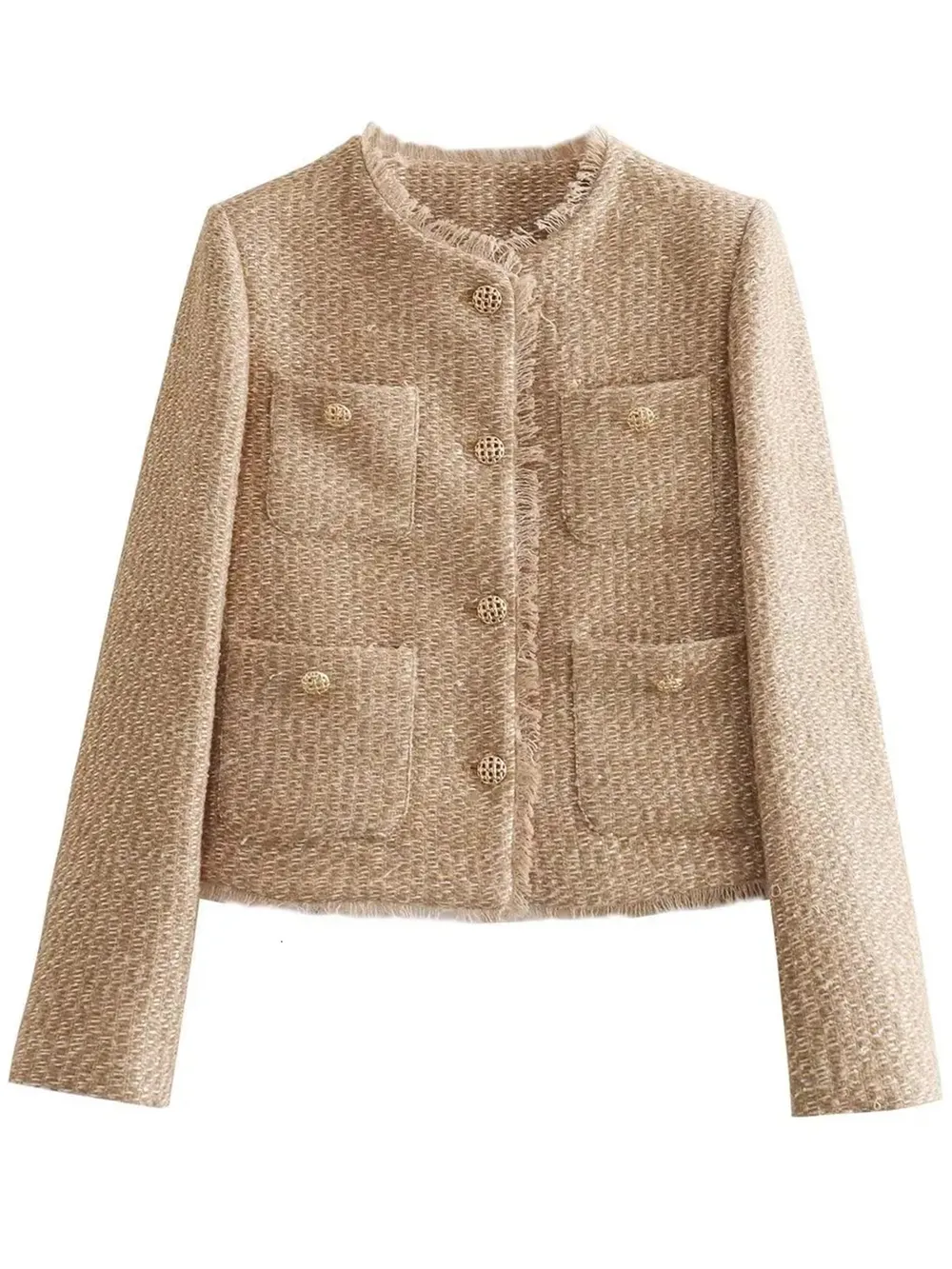 Raw Hem Pocketed Round Neck Jacket, image 3