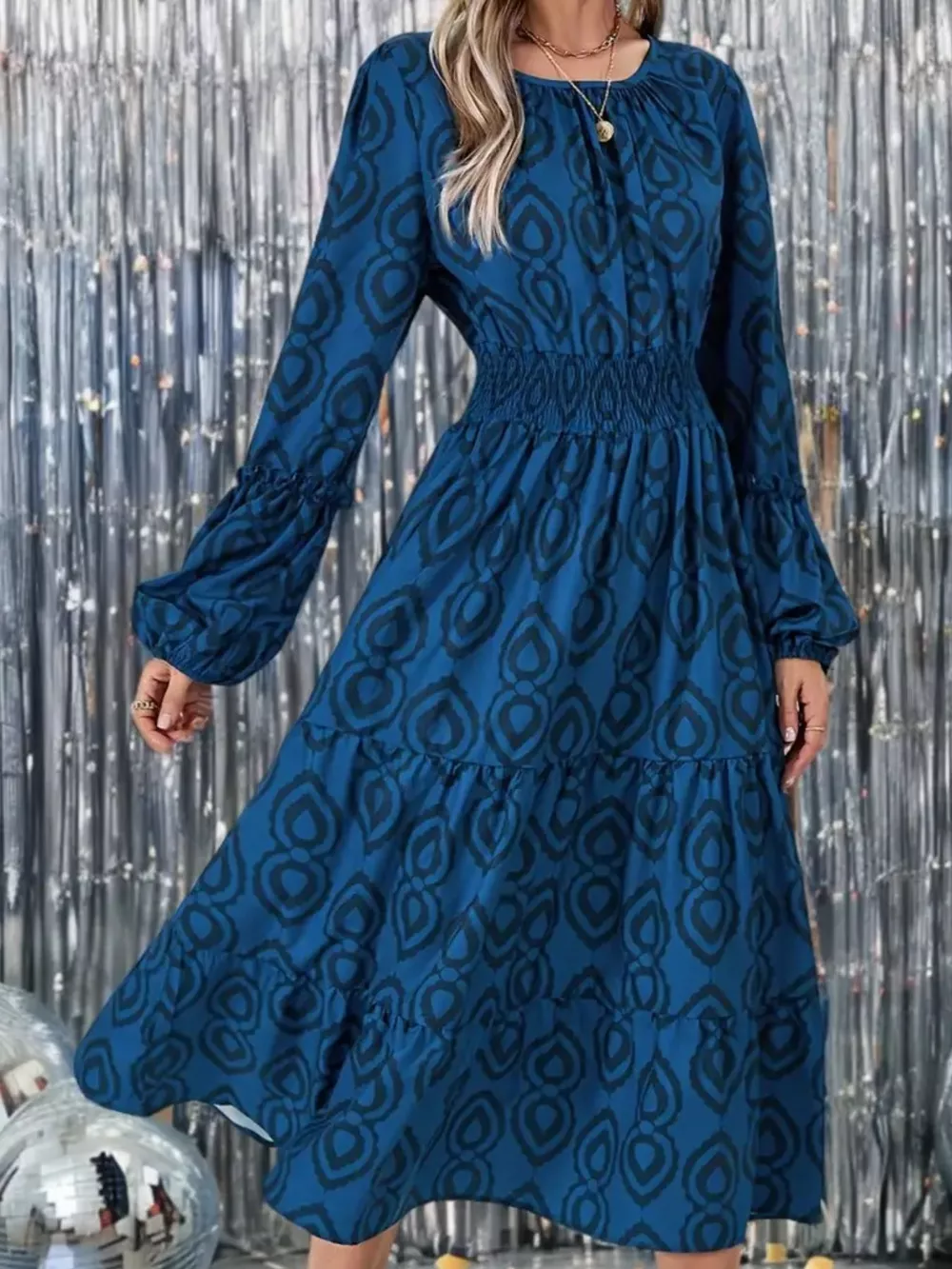 Smocked Round Neck Balloon Sleeve Midi Dress, image 2