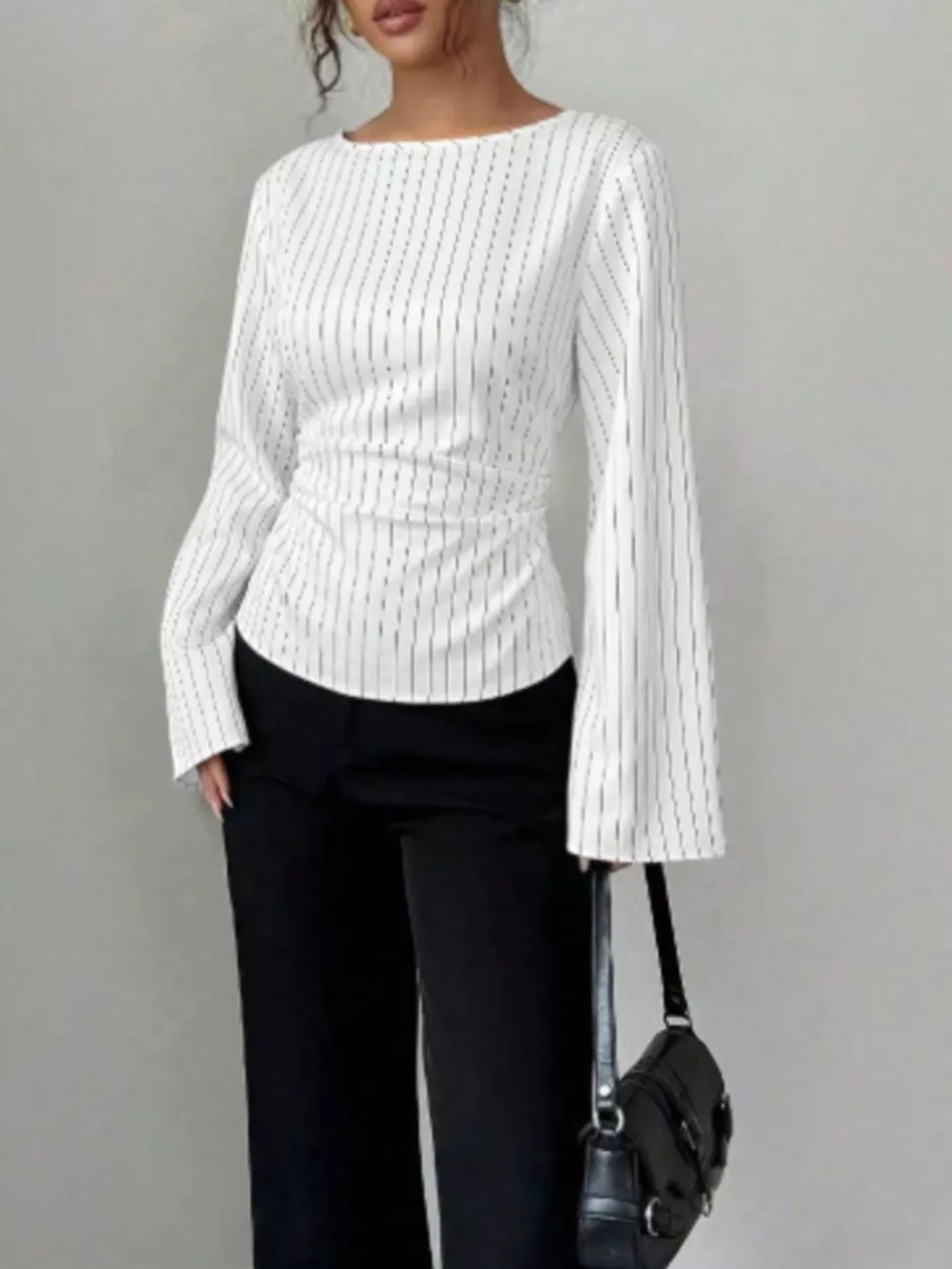Elegant Pinstriped Bell Sleeve Blouse with Back Lace Up, image 5