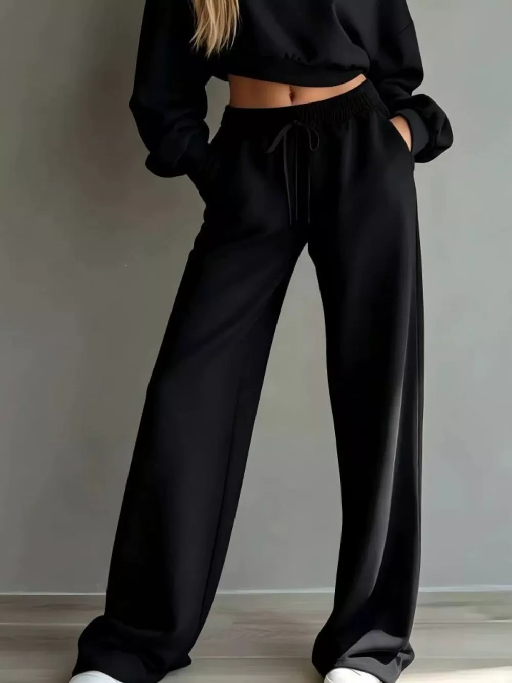 Round Neck Cropped Sweatshirt and Wide-Leg Pants Set, image 12